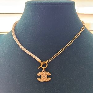 CHANEL Gold & Pearls charm on unbranded pearl & paperclip necklace